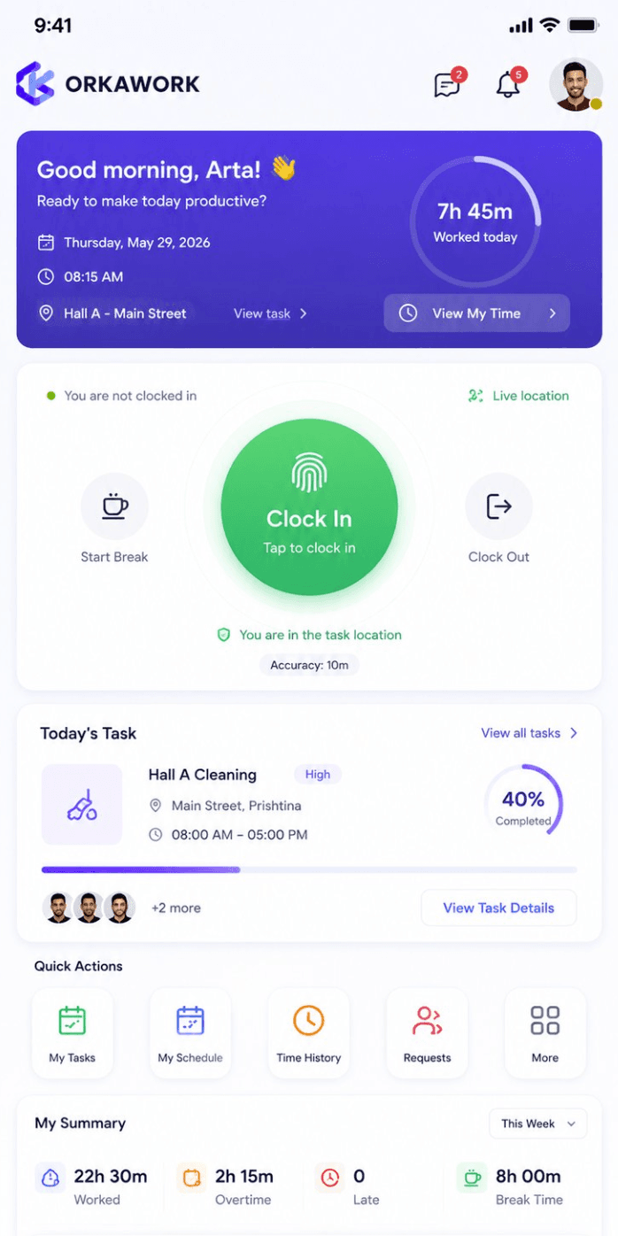 OrkaWork clock in screen