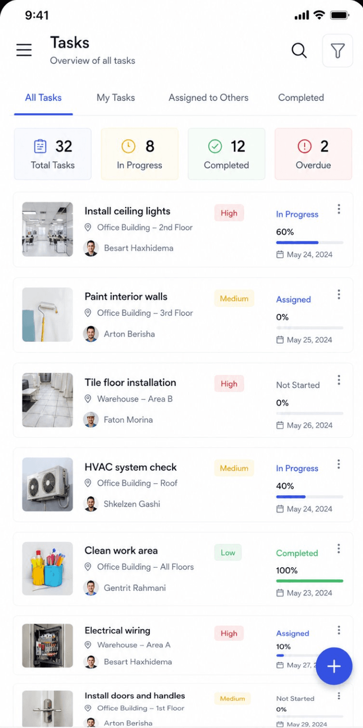 OrkaWork tasks screen